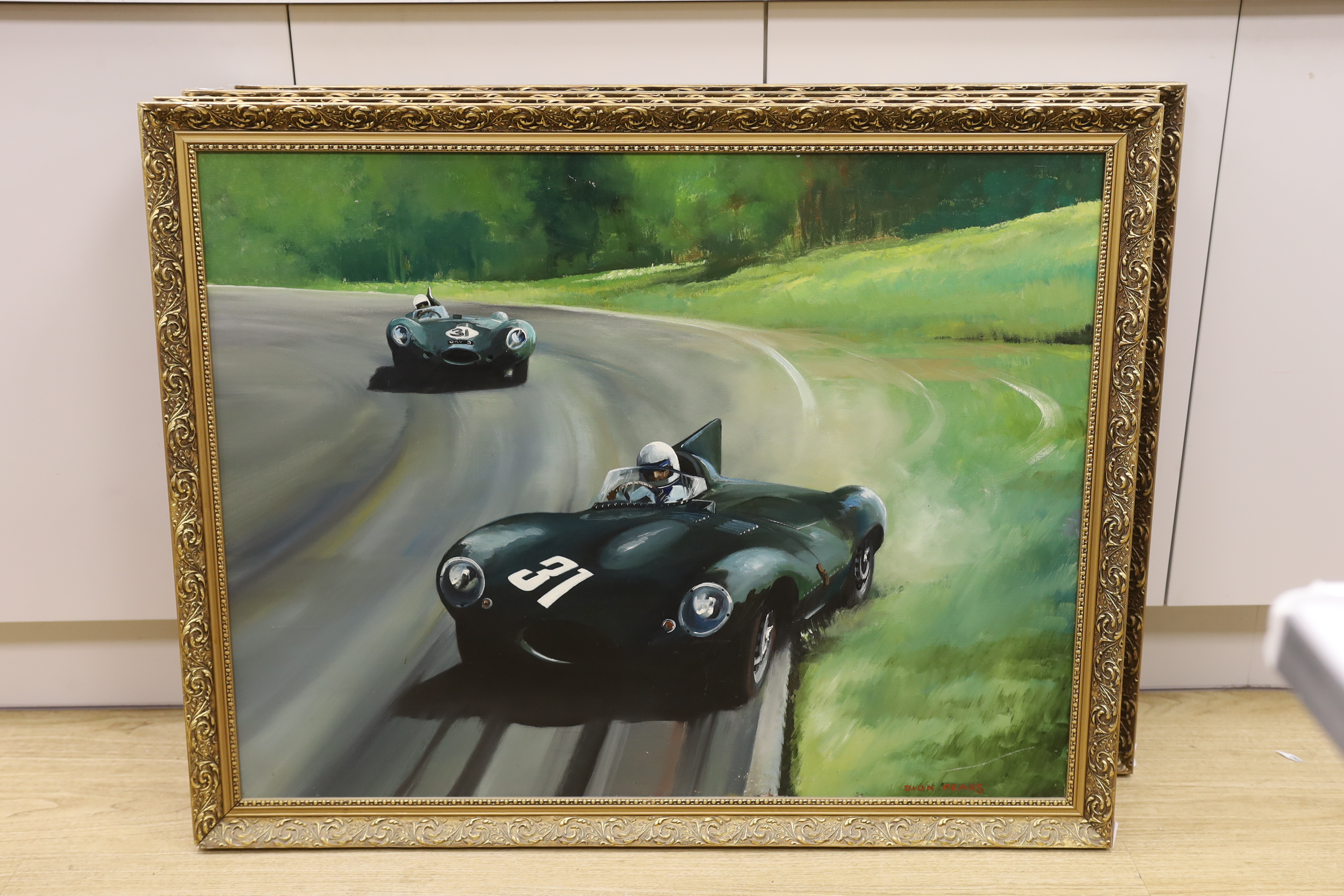 Dion Pears (1929-1985), oil on board, Racing scene ‘Number 31’, signed, 69 x 90cm